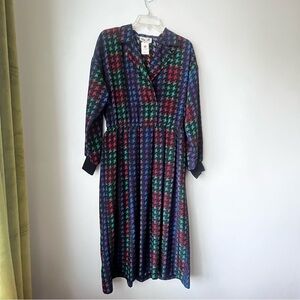 Vintage 80s Ilse M. Black Colorful Houndstooth Midi Dress 12